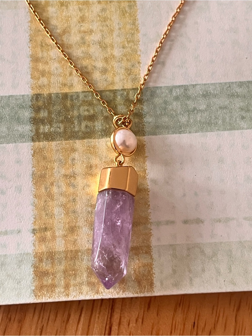 J Crew Raw Amethyst and Pearl Pendant Gold Tone Necklace